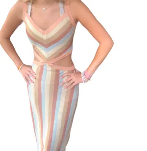 Shimmering Stripes Cut-Out Midi Dress with Back Slit