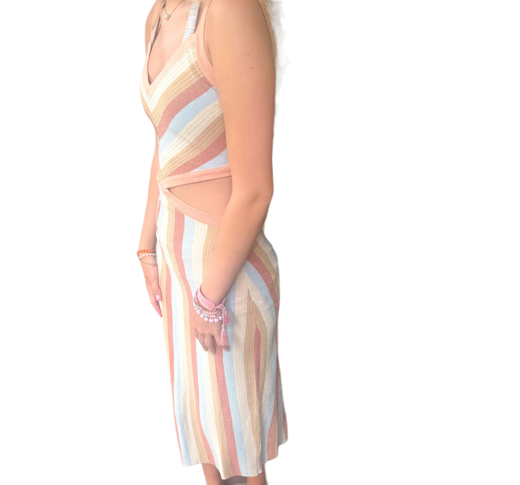 Shimmering Stripes Cut-Out Midi Dress with Back Slit
