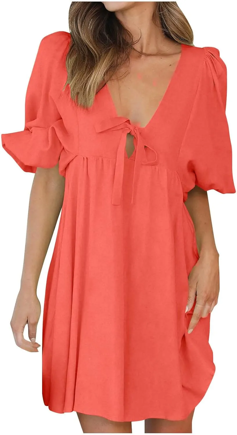 Short Dresses for Women 2024 Lounge Summer Puff Sleeve Knee Length Dresses v Neck Loose Fit Tie Mini Dresses