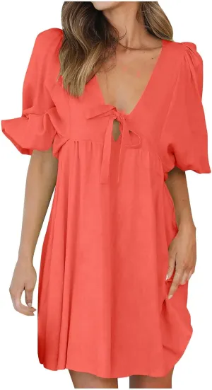 Short Dresses for Women 2024 Lounge Summer Puff Sleeve Knee Length Dresses v Neck Loose Fit Tie Mini Dresses