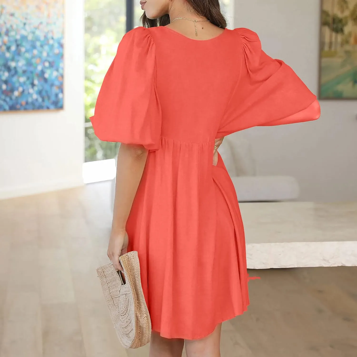 Short Dresses for Women 2024 Lounge Summer Puff Sleeve Knee Length Dresses v Neck Loose Fit Tie Mini Dresses