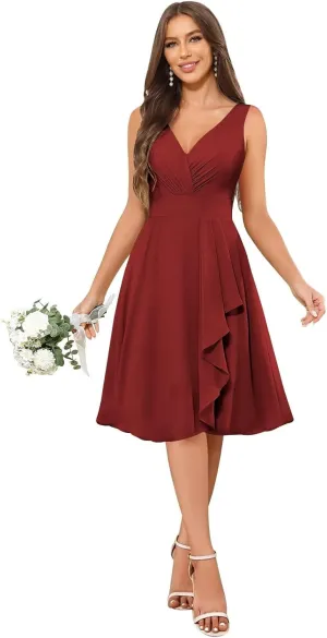 Short Ruffle Chiffon Bridesmaid Dresses for Women V Neck Formal Evening Gowns