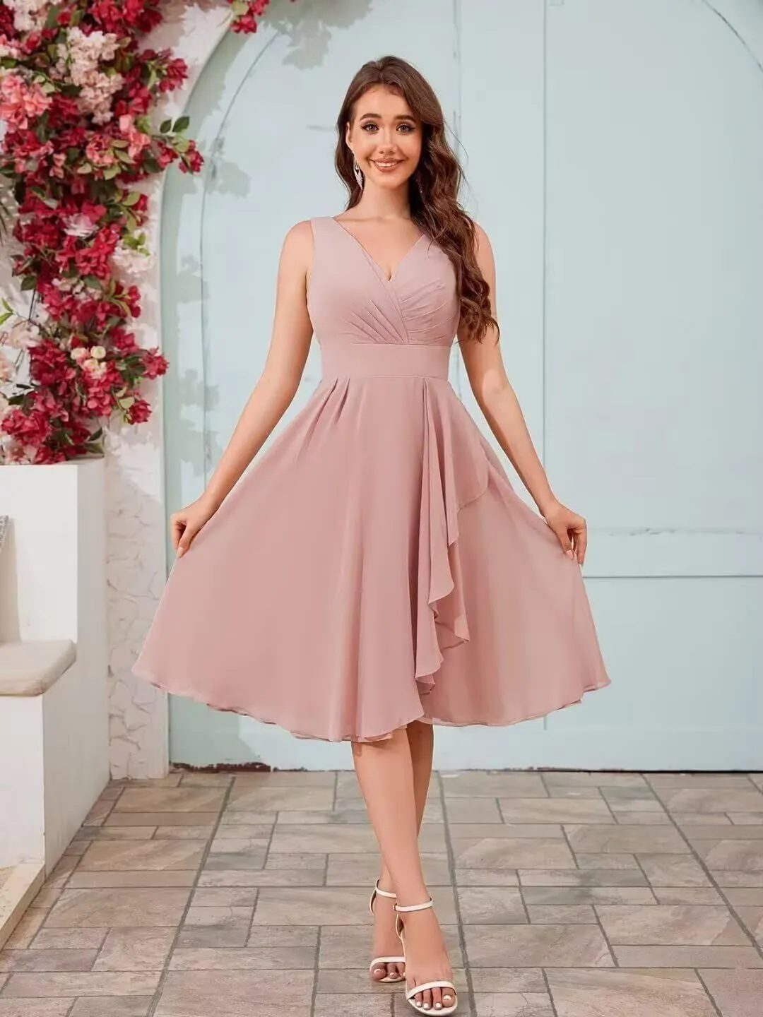 Short Ruffle Chiffon Bridesmaid Dresses for Women V Neck Formal Evening Gowns