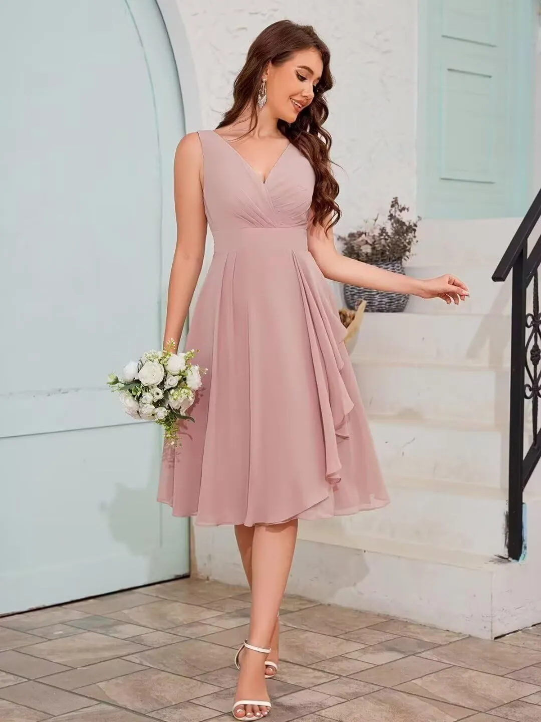 Short Ruffle Chiffon Bridesmaid Dresses for Women V Neck Formal Evening Gowns