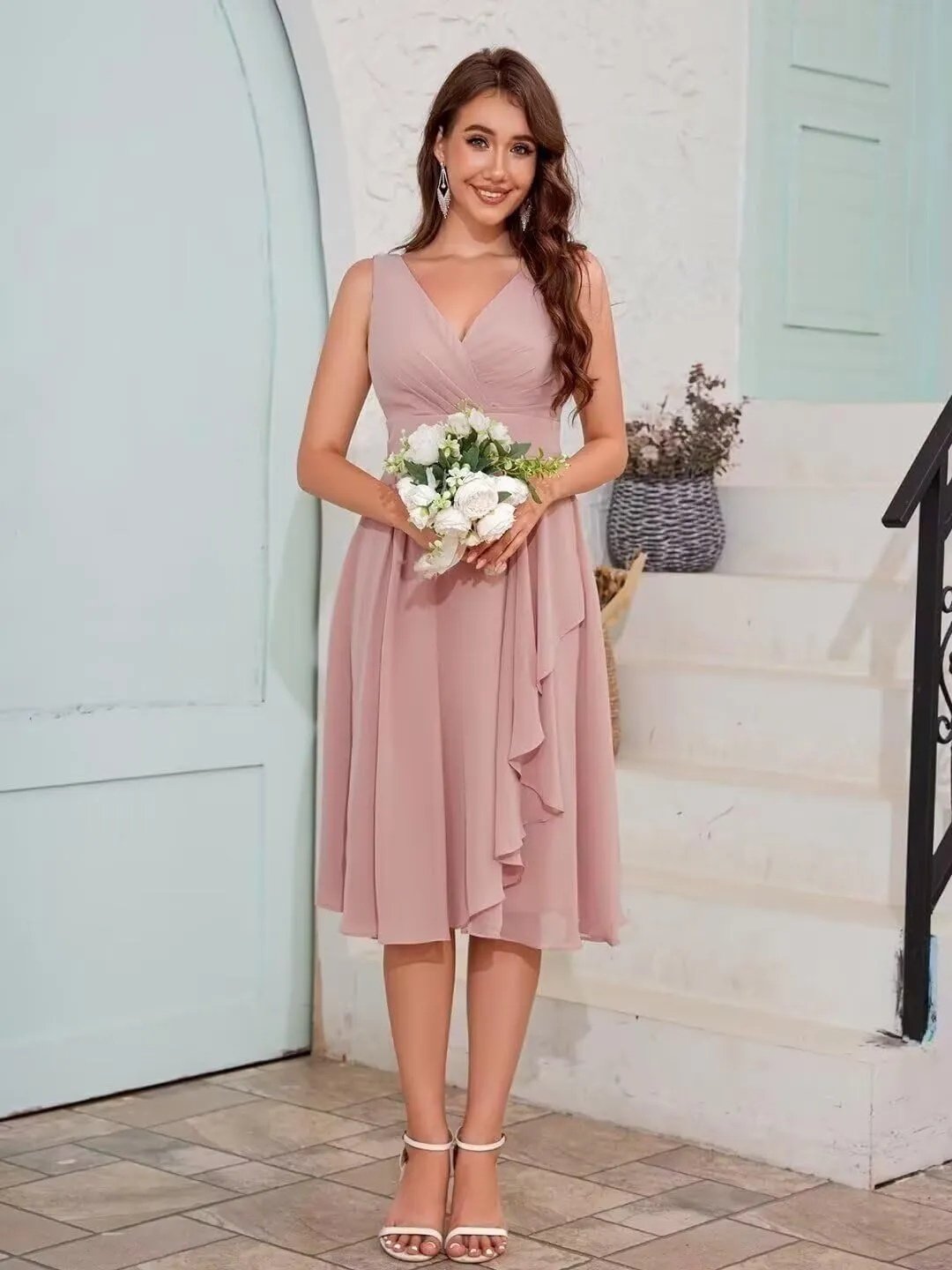 Short Ruffle Chiffon Bridesmaid Dresses for Women V Neck Formal Evening Gowns