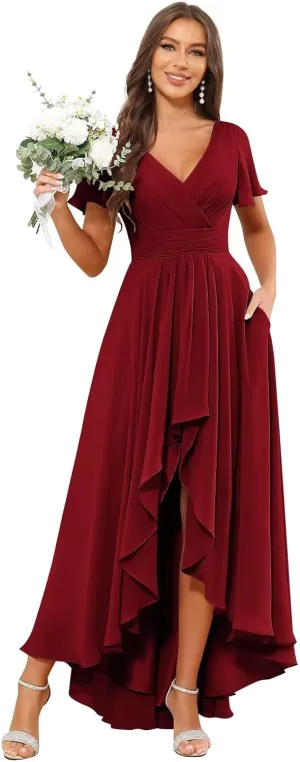 Short Sleeve Bridesmaid Dresses for Women Chiffon Ruffle High Low V Neck Formal Gown with Pockets