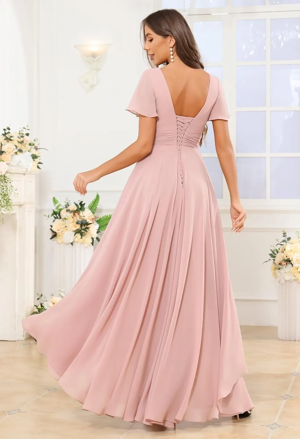 Short Sleeve Bridesmaid Dresses for Women Chiffon Ruffle High Low V Neck Formal Gown with Pockets