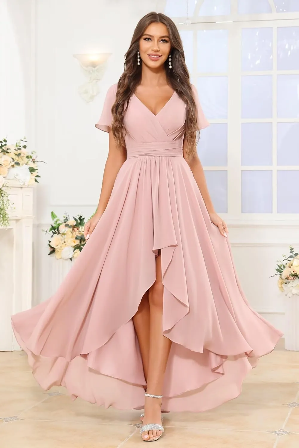 Short Sleeve Bridesmaid Dresses for Women Chiffon Ruffle High Low V Neck Formal Gown with Pockets