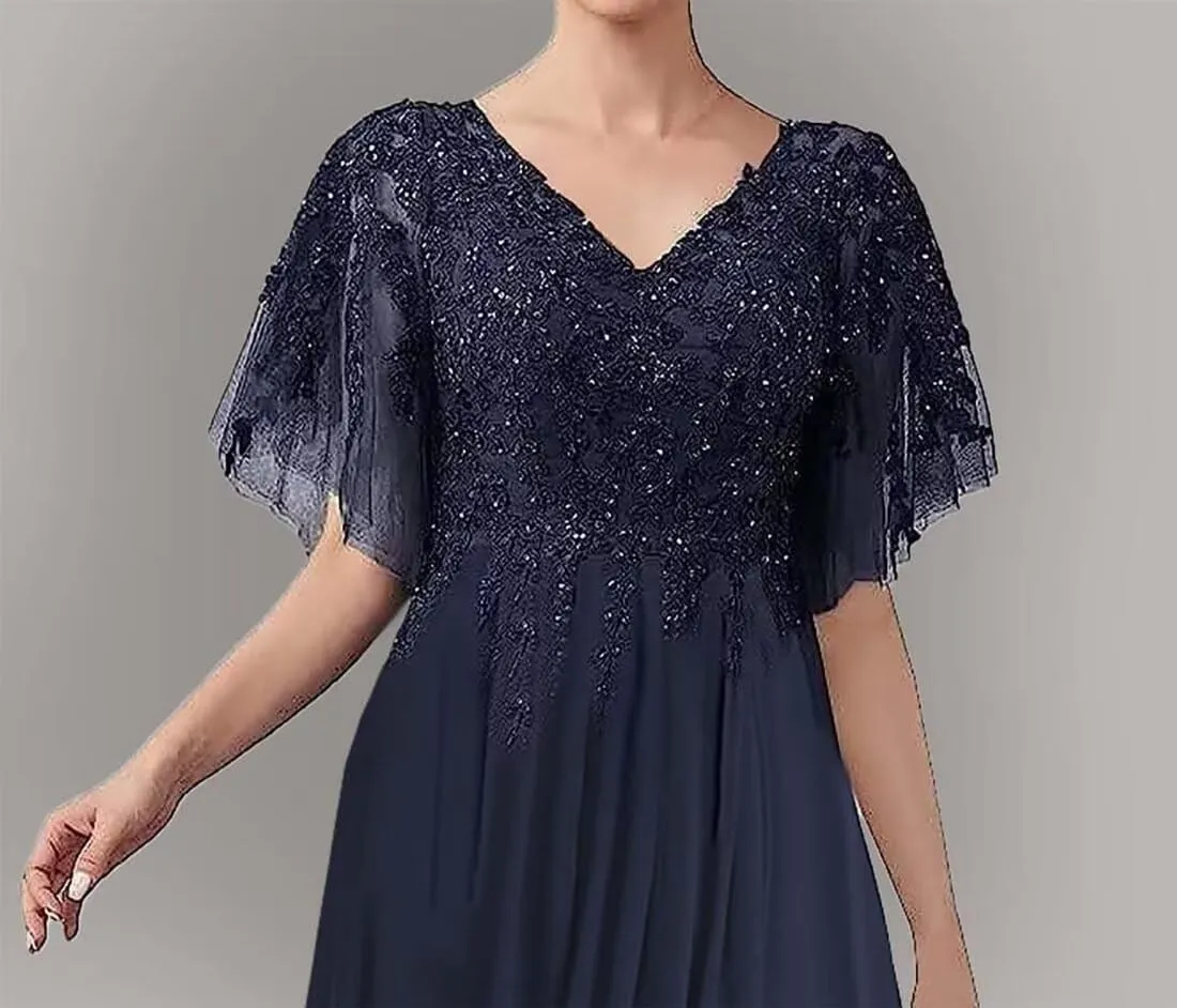 Short Sleeve Mother of The Bride Dresses Long Chiffon Laces Appliques Beaded Formal Party Evening Gowns for Wedding