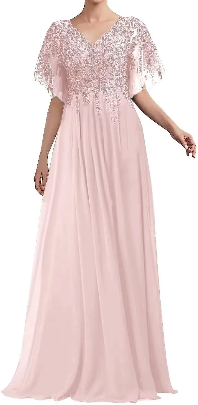Short Sleeve Mother of The Bride Dresses Long Chiffon Laces Appliques Beaded Formal Party Evening Gowns for Wedding
