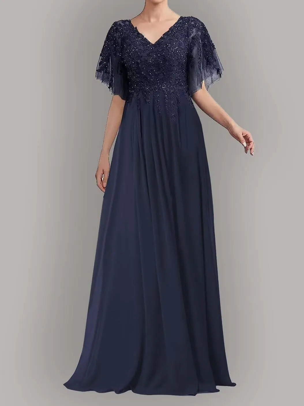 Short Sleeve Mother of The Bride Dresses Long Chiffon Laces Appliques Beaded Formal Party Evening Gowns for Wedding