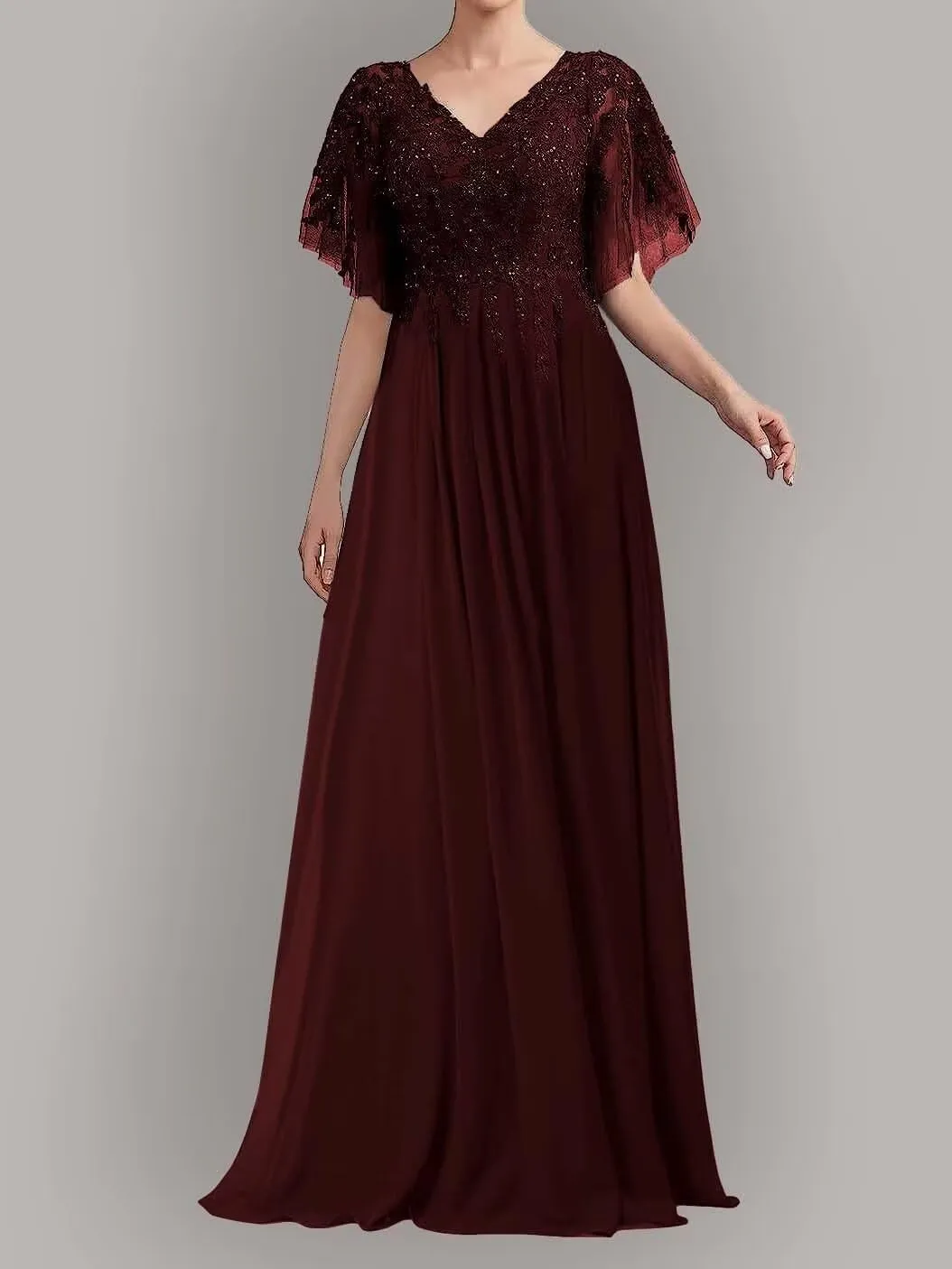 Short Sleeve Mother of The Bride Dresses Long Chiffon Laces Appliques Beaded Formal Party Evening Gowns for Wedding