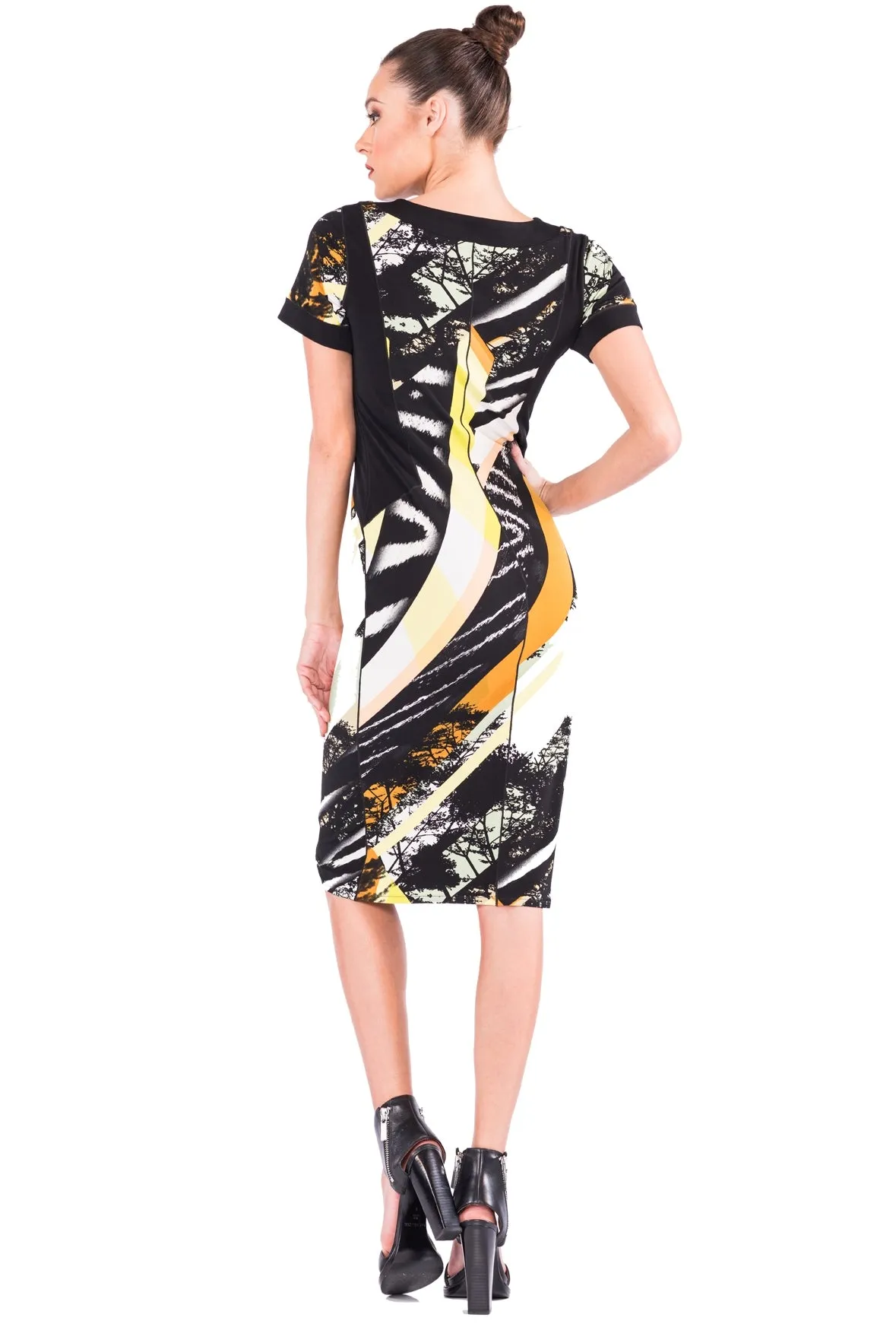 Short Sleeve Slit Cut Neck Color Block Below Knee Dress