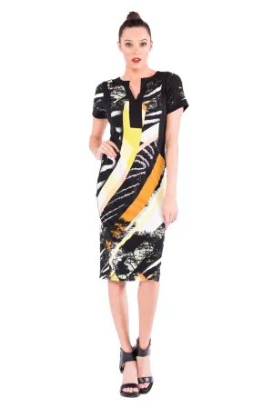 Short Sleeve Slit Cut Neck Color Block Below Knee Dress