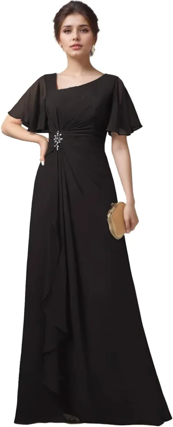 Short Sleeves Grandmother of The Bride Dresses for Wedding Ruffles Chiffon V-Neck Long Formal Dress for Women 2024