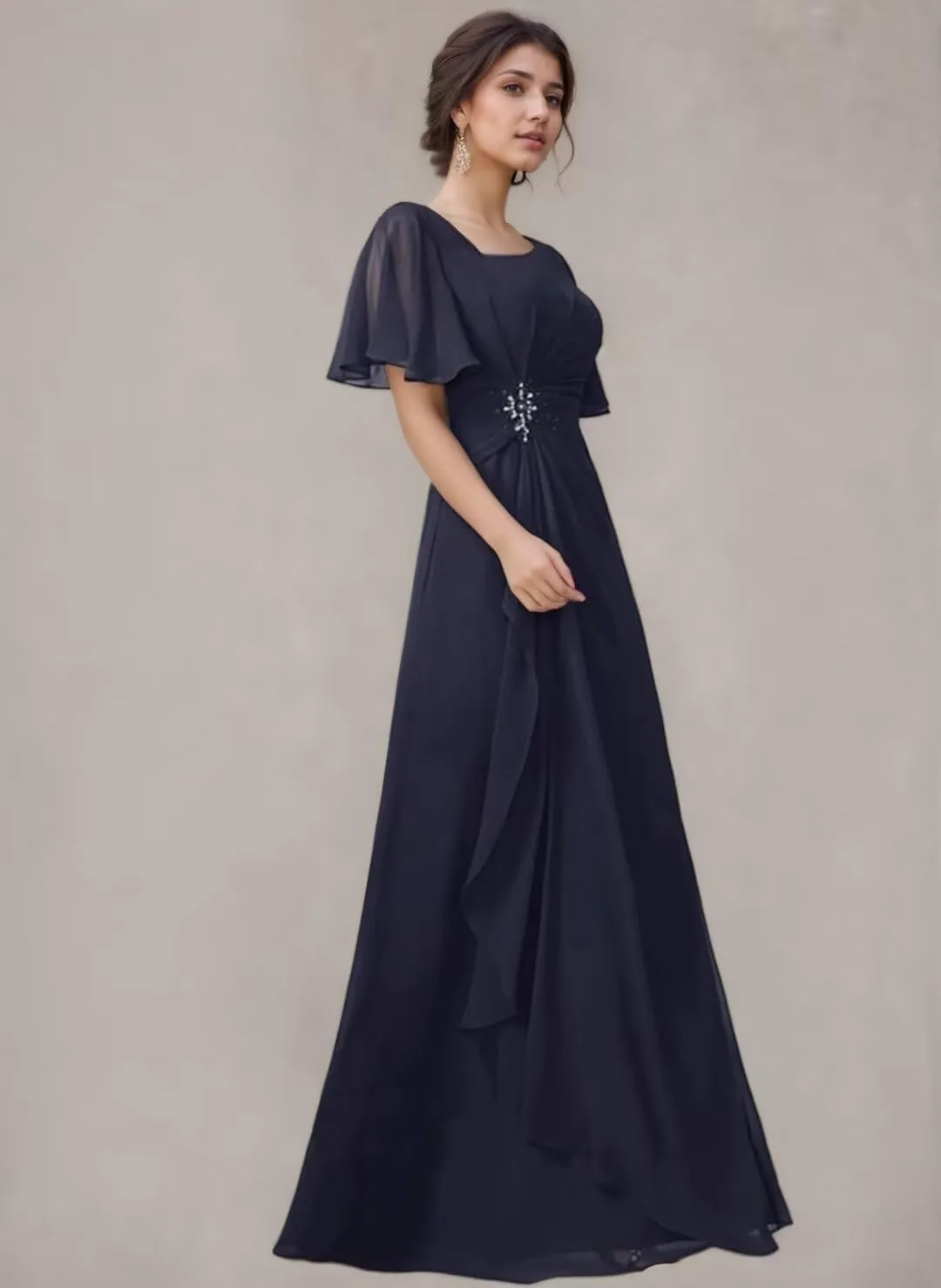 Short Sleeves Grandmother of The Bride Dresses for Wedding Ruffles Chiffon V-Neck Long Formal Dress for Women 2024
