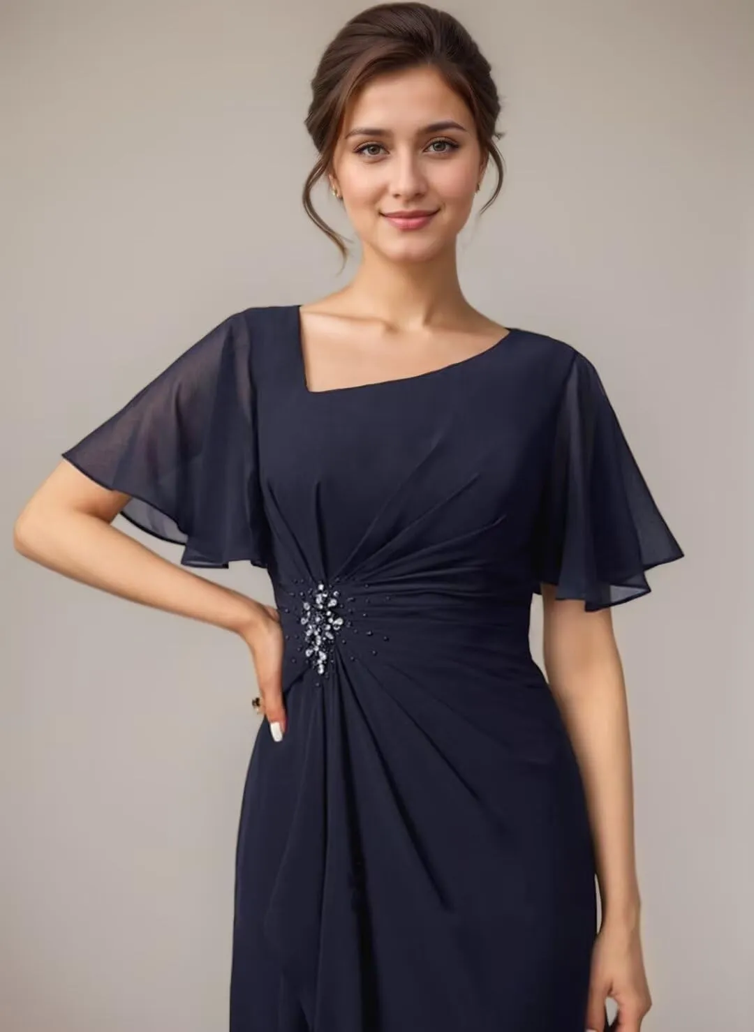 Short Sleeves Grandmother of The Bride Dresses for Wedding Ruffles Chiffon V-Neck Long Formal Dress for Women 2024