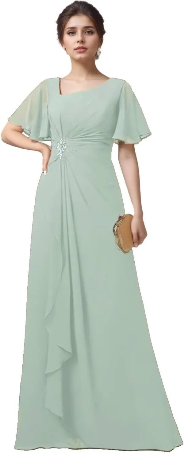 Short Sleeves Grandmother of The Bride Dresses for Wedding Ruffles Chiffon V-Neck Long Formal Dress for Women 2024
