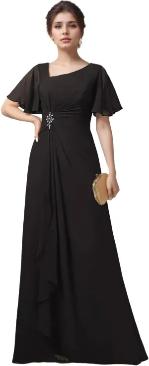Short Sleeves Grandmother of The Bride Dresses for Wedding Ruffles Chiffon V-Neck Long Formal Dress for Women 2024