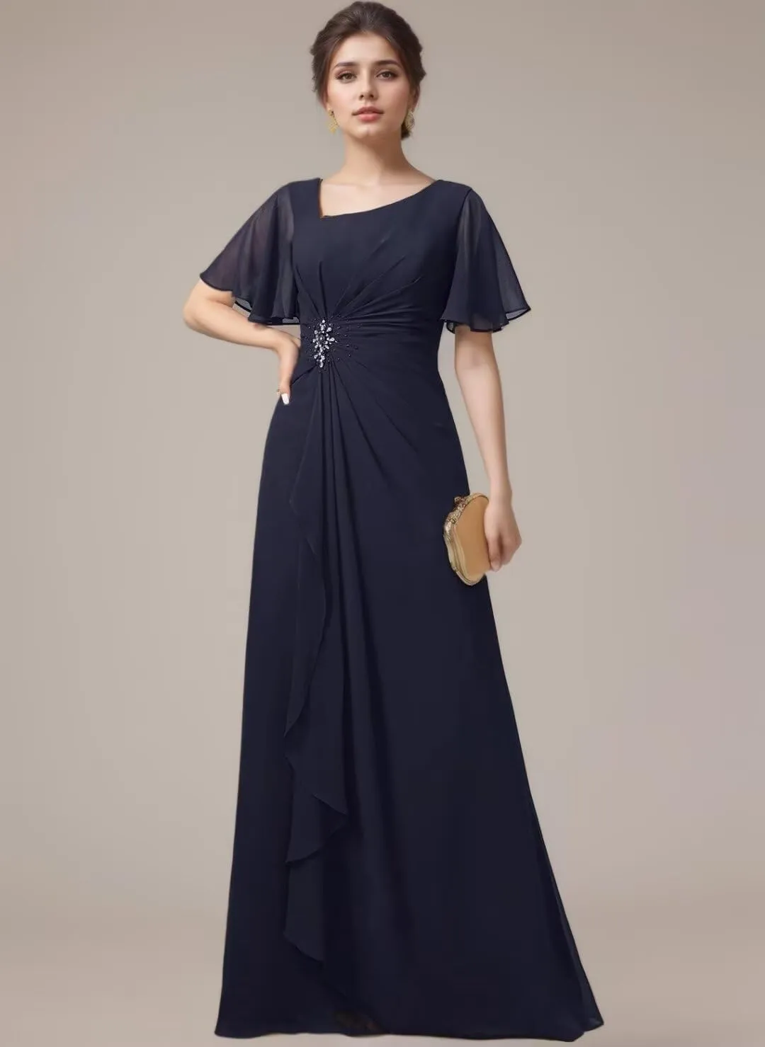 Short Sleeves Grandmother of The Bride Dresses for Wedding Ruffles Chiffon V-Neck Long Formal Dress for Women 2024