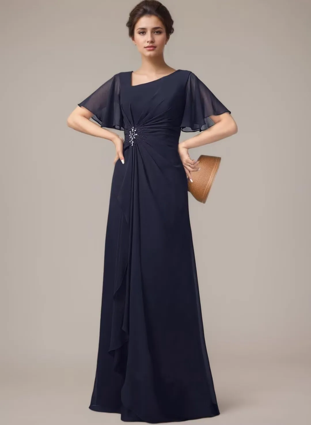 Short Sleeves Grandmother of The Bride Dresses for Wedding Ruffles Chiffon V-Neck Long Formal Dress for Women 2024