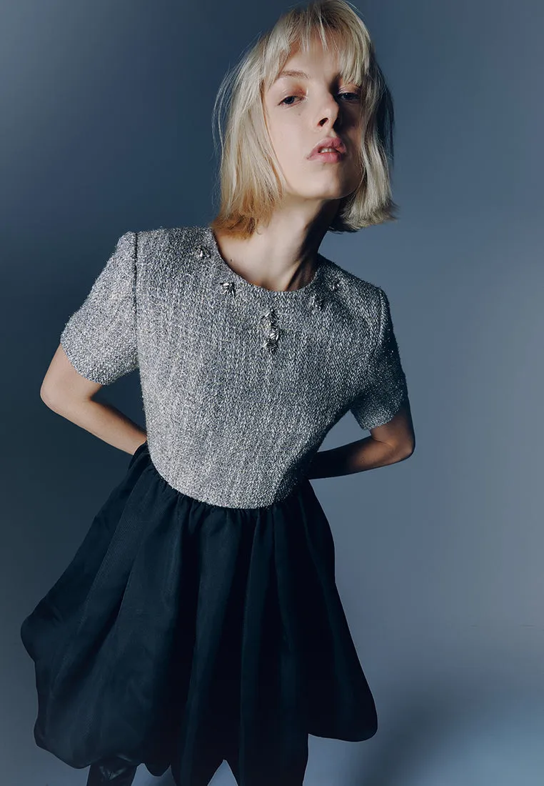 Silver And Black Bubble-hem Tweed Dress