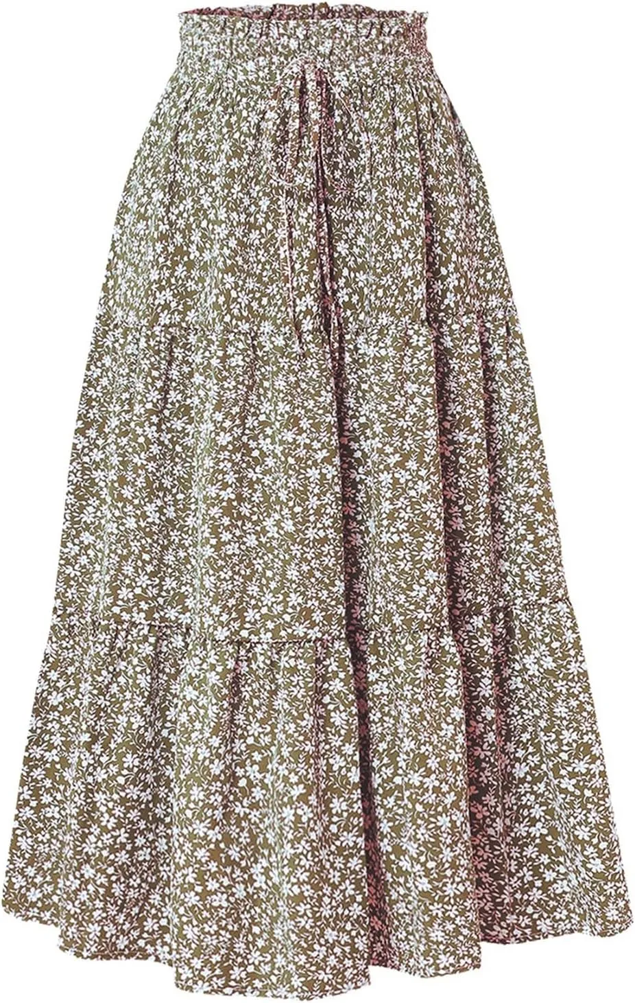 Skirts for Women Summer Drawstring High Waist Midi Skirt Loose Aline Solid Color Tiered Ruffle Knee Length Skirt