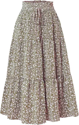 Skirts for Women Summer Drawstring High Waist Midi Skirt Loose Aline Solid Color Tiered Ruffle Knee Length Skirt