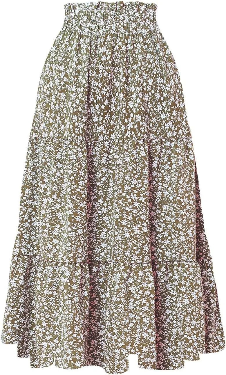 Skirts for Women Summer Drawstring High Waist Midi Skirt Loose Aline Solid Color Tiered Ruffle Knee Length Skirt