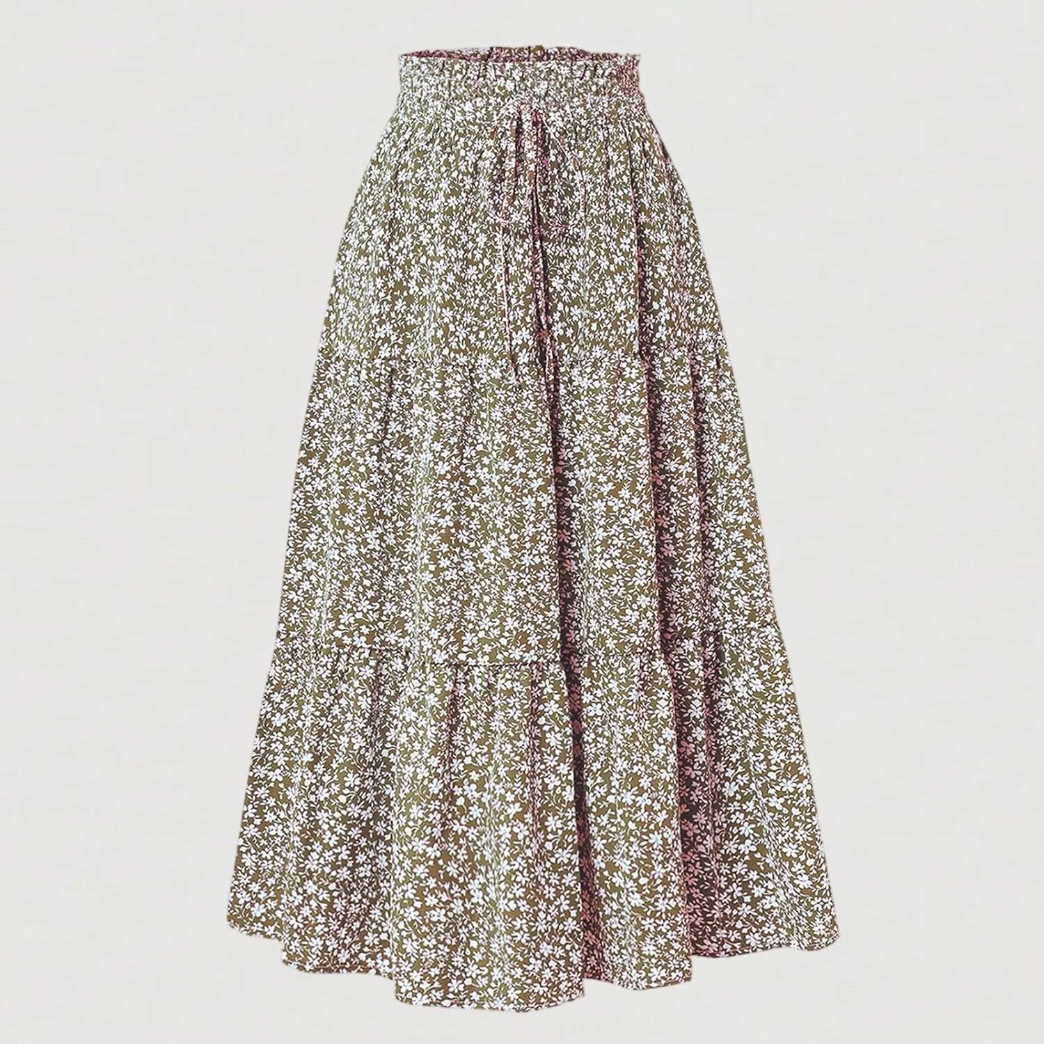 Skirts for Women Summer Drawstring High Waist Midi Skirt Loose Aline Solid Color Tiered Ruffle Knee Length Skirt