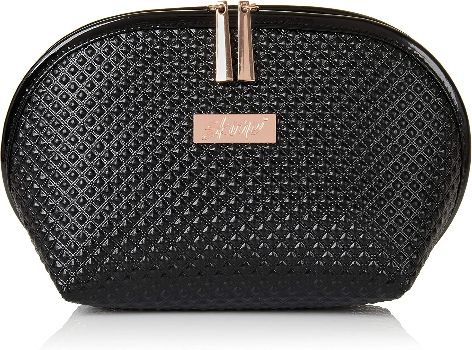 Skone Luxury Designer Makeup Bag  Stylish Patent Leather Cosmetic Organizer with Rose Gold Zipper, Travel-Friendly, Waterproof, Durable & Cruelty-Free for Beauty Essentials and Accessories, Black