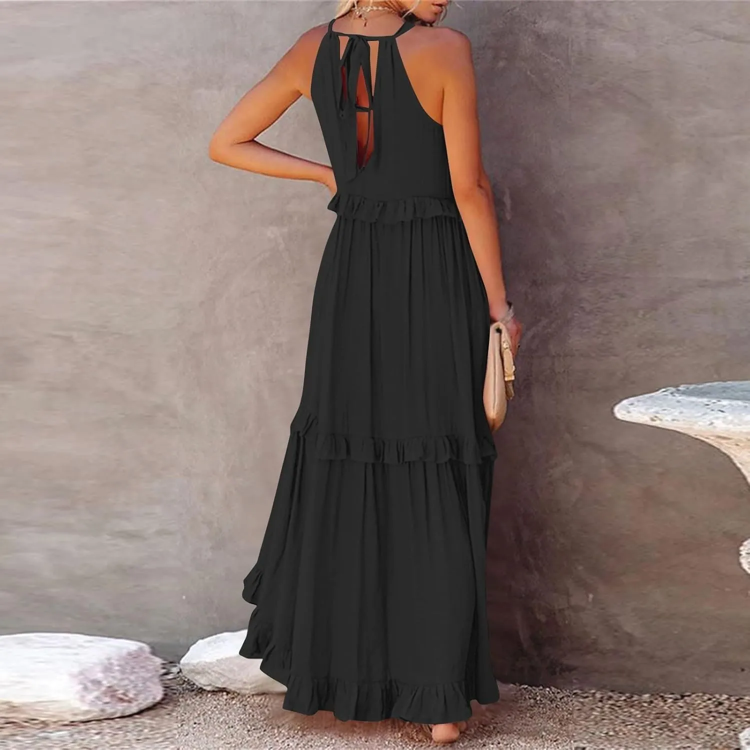Smocked Dress Women Summer Sleeveless Tank Sundress Halter Tie Back Loose Flowy Ruffle Maxi Dresses with Pockets