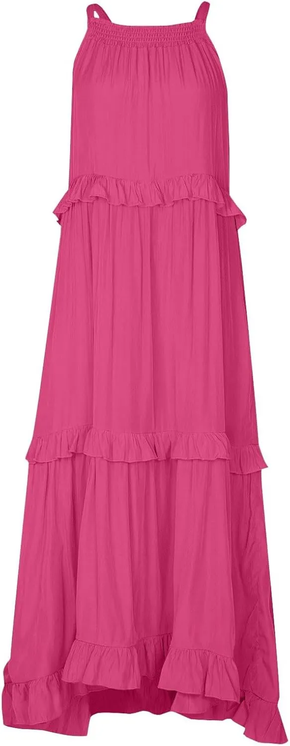 Smocked Dress Women Summer Sleeveless Tank Sundress Halter Tie Back Loose Flowy Ruffle Maxi Dresses with Pockets