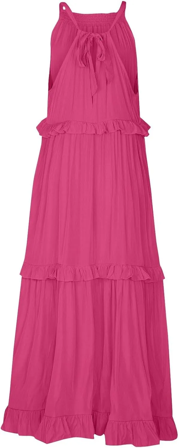 Smocked Dress Women Summer Sleeveless Tank Sundress Halter Tie Back Loose Flowy Ruffle Maxi Dresses with Pockets
