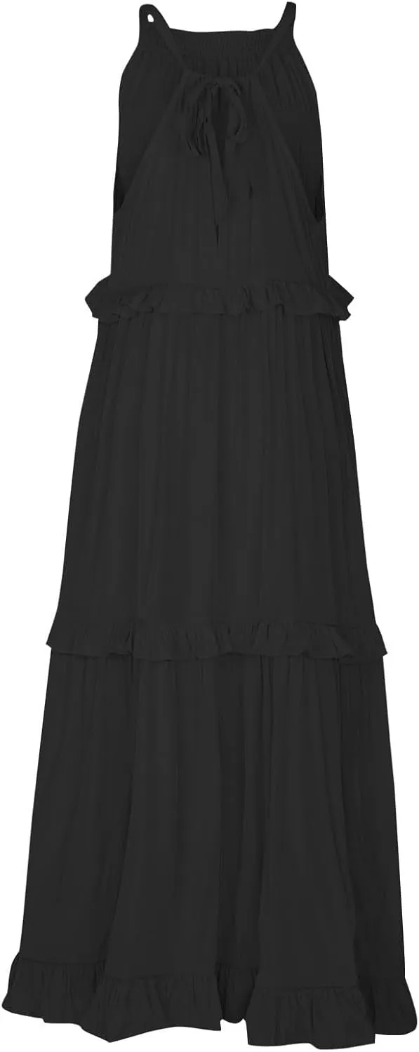 Smocked Dress Women Summer Sleeveless Tank Sundress Halter Tie Back Loose Flowy Ruffle Maxi Dresses with Pockets