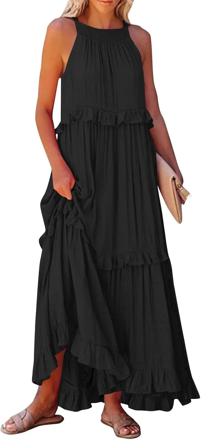 Smocked Dress Women Summer Sleeveless Tank Sundress Halter Tie Back Loose Flowy Ruffle Maxi Dresses with Pockets