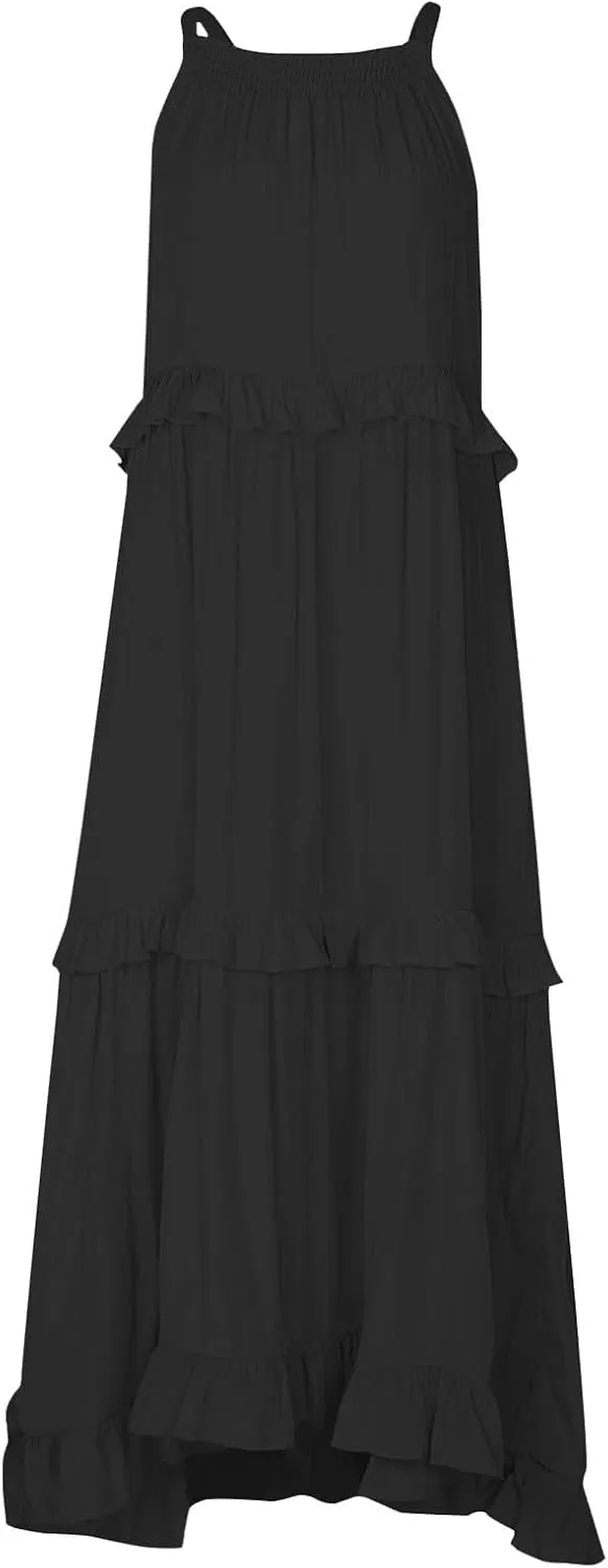 Smocked Dress Women Summer Sleeveless Tank Sundress Halter Tie Back Loose Flowy Ruffle Maxi Dresses with Pockets