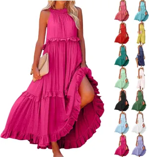 Smocked Dress Women Summer Sleeveless Tank Sundress Halter Tie Back Loose Flowy Ruffle Maxi Dresses with Pockets