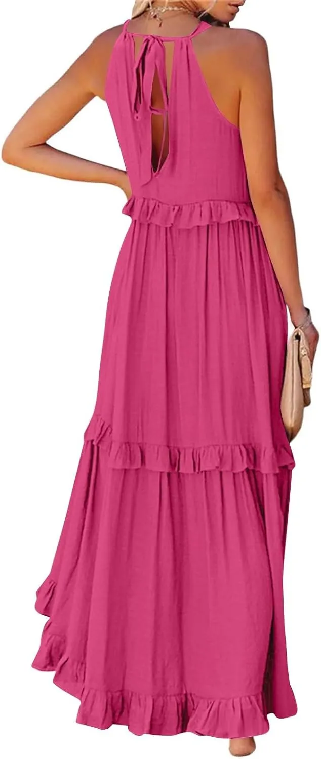 Smocked Dress Women Summer Sleeveless Tank Sundress Halter Tie Back Loose Flowy Ruffle Maxi Dresses with Pockets