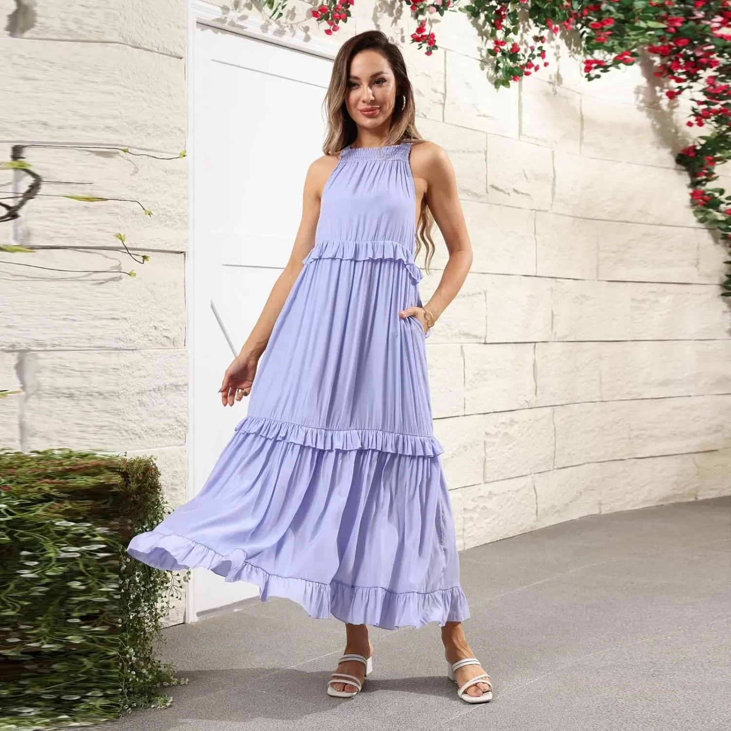 Smocked Dress Women Summer Sleeveless Tank Sundress Halter Tie Back Loose Flowy Ruffle Maxi Dresses with Pockets