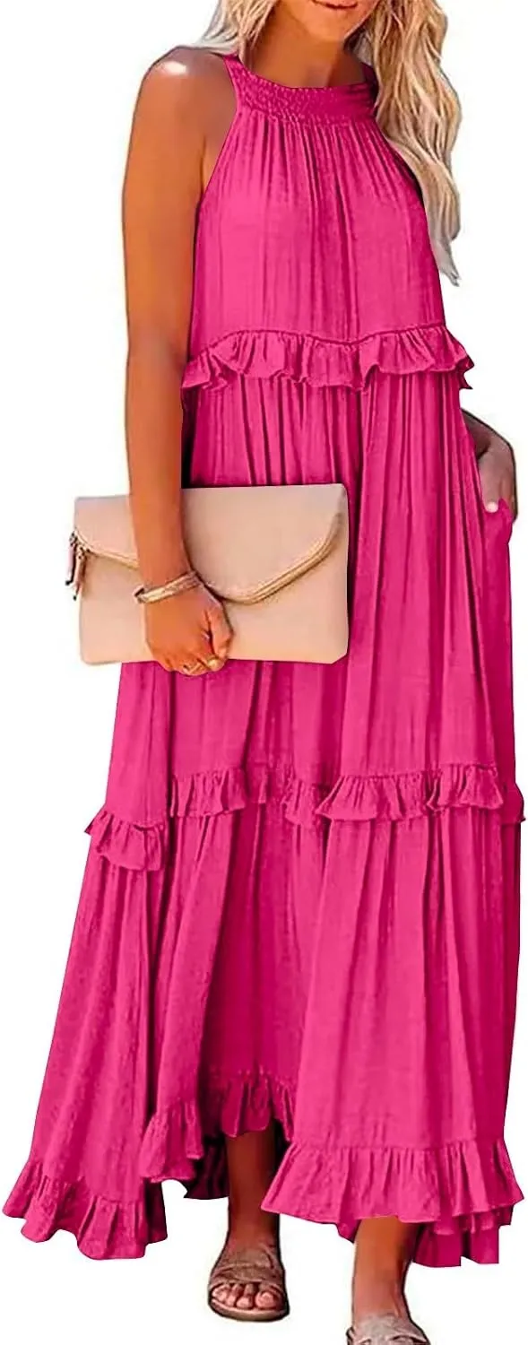 Smocked Dress Women Summer Sleeveless Tank Sundress Halter Tie Back Loose Flowy Ruffle Maxi Dresses with Pockets