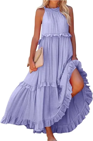 Smocked Dress Women Summer Sleeveless Tank Sundress Halter Tie Back Loose Flowy Ruffle Maxi Dresses with Pockets