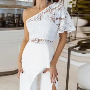 Sophisticated Charm: One Shoulder High Waist Lace Patchwork Irregular Romper - Slim Fit Elegance