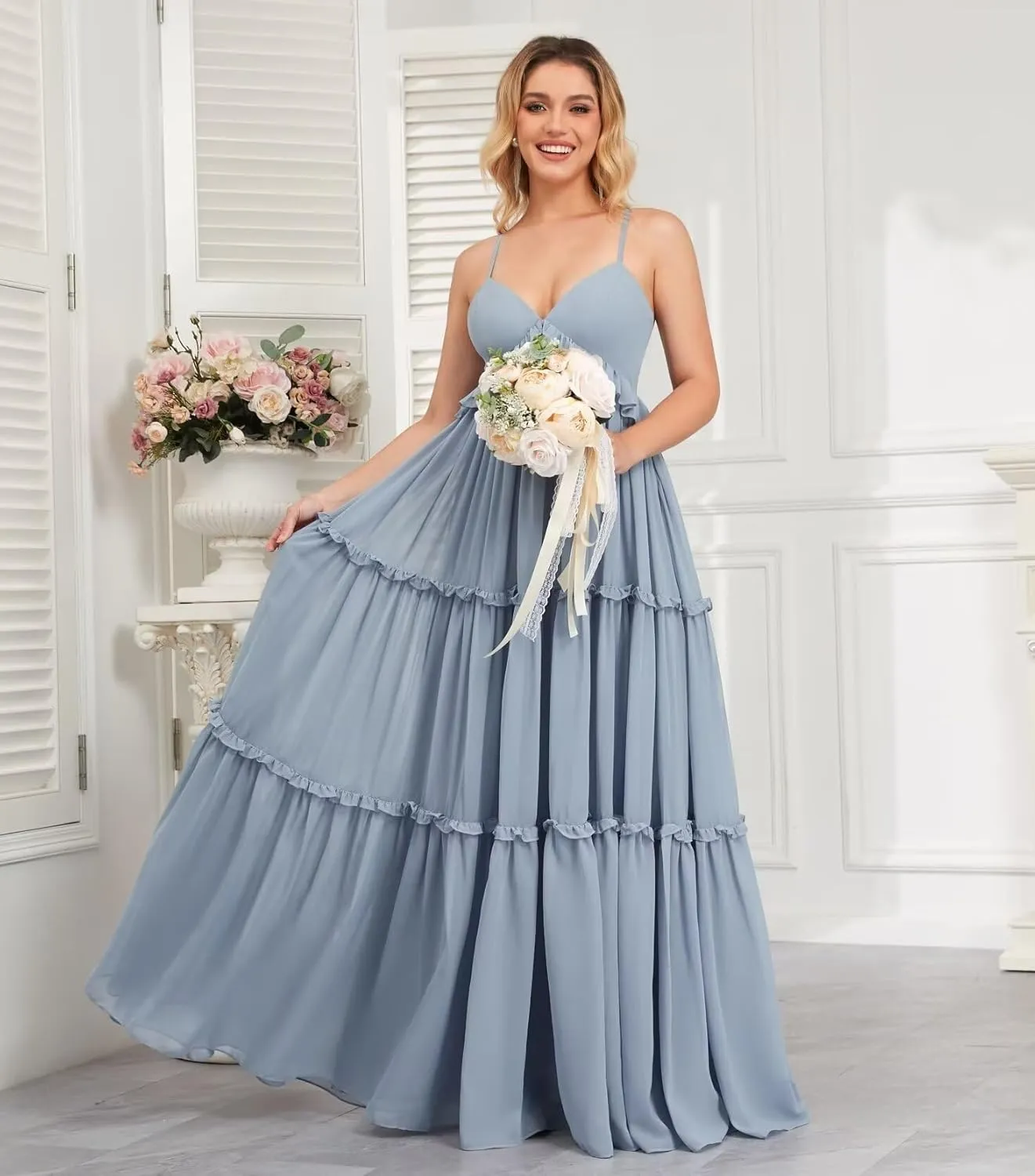 Spaghetti Strap Bridesmaid Dresses for Women Beach Wedding Long Ruffle Boho Formal Evening Dress