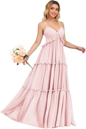 Spaghetti Strap Bridesmaid Dresses for Women Beach Wedding Long Ruffle Boho Formal Evening Dress