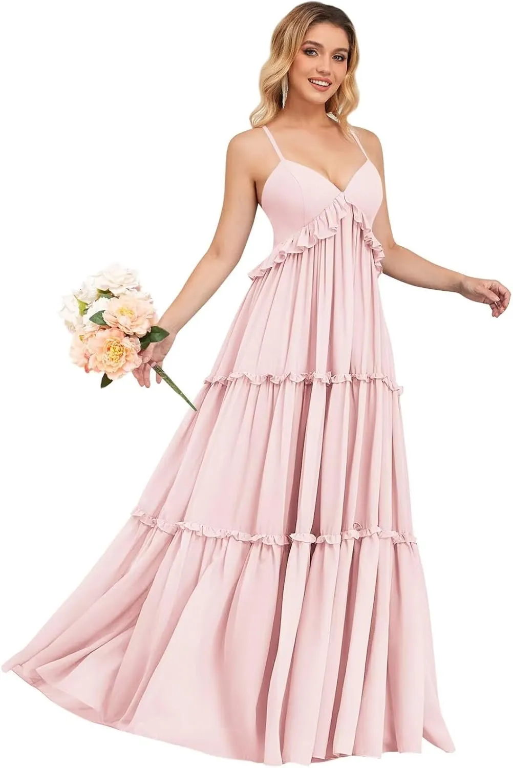 Spaghetti Strap Bridesmaid Dresses for Women Beach Wedding Long Ruffle Boho Formal Evening Dress