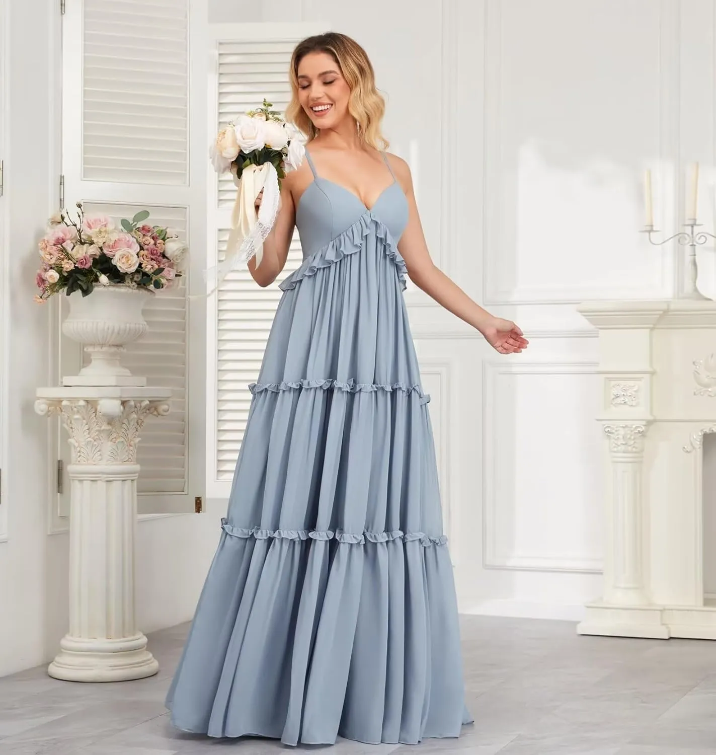 Spaghetti Strap Bridesmaid Dresses for Women Beach Wedding Long Ruffle Boho Formal Evening Dress