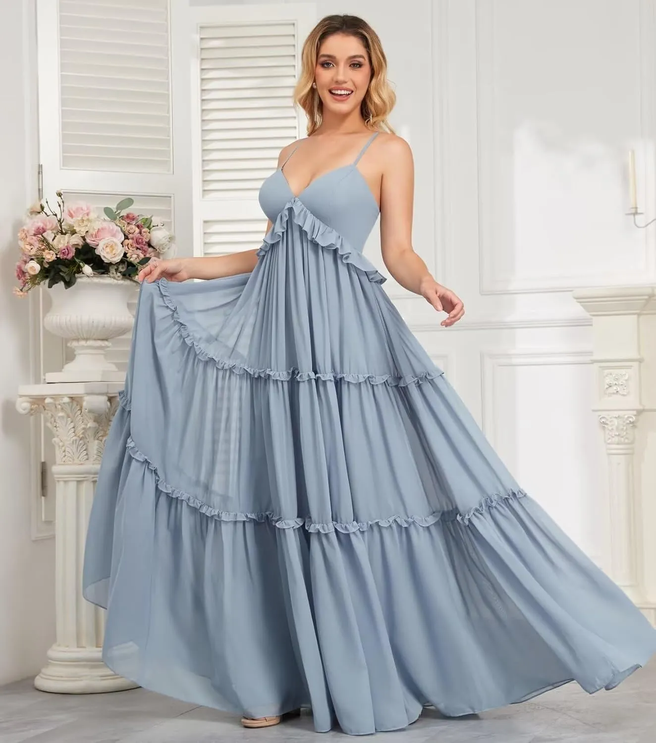 Spaghetti Strap Bridesmaid Dresses for Women Beach Wedding Long Ruffle Boho Formal Evening Dress