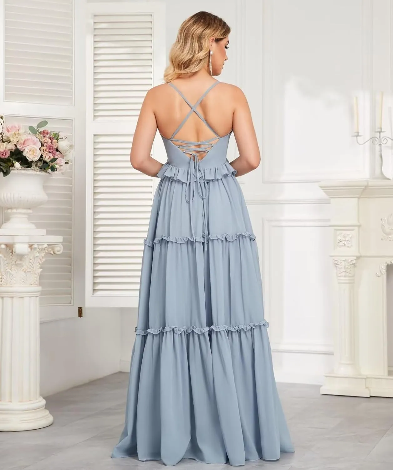 Spaghetti Strap Bridesmaid Dresses for Women Beach Wedding Long Ruffle Boho Formal Evening Dress