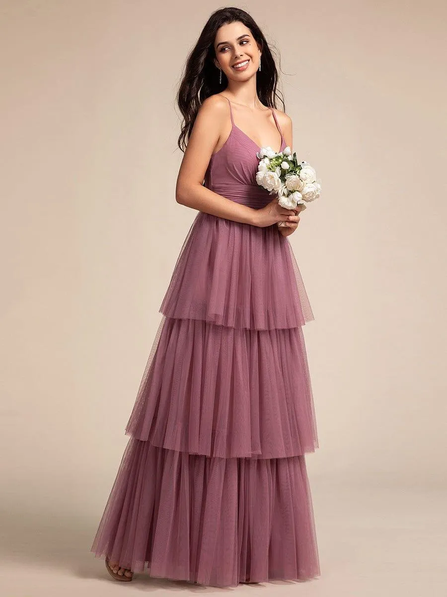 Spaghetti Strap Tiered Tulle Maxi Bridesmaid Dress with Pleats